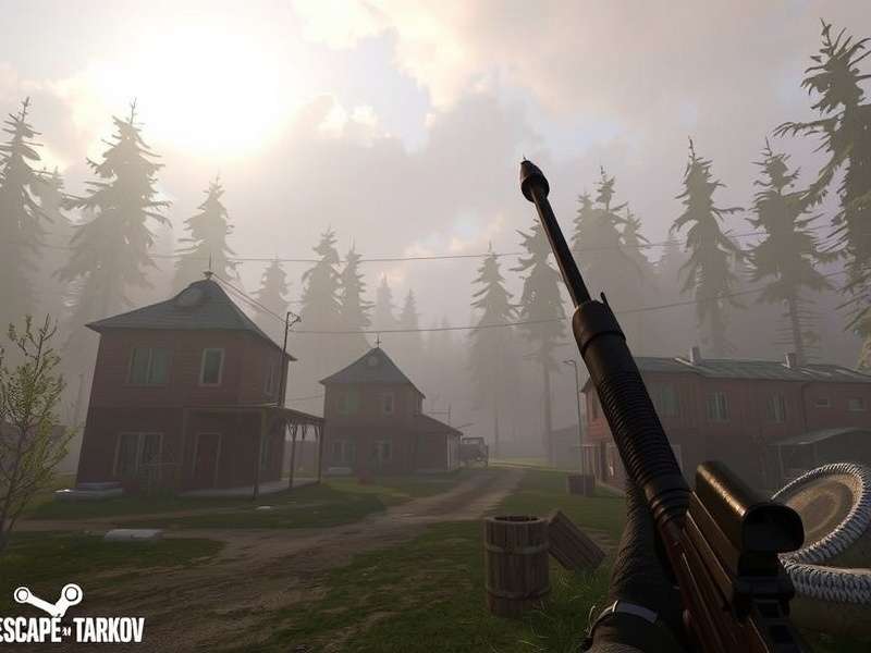 A tense first-person shooter gameplay scene reminiscent of Escape from Tarkov's urban combat