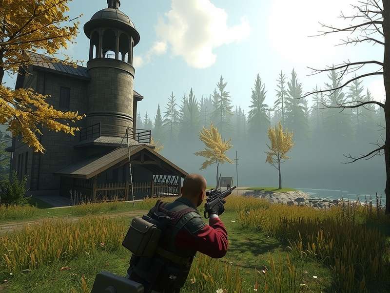 Tactical combat in Escape from Tarkov's urban environment showing a player aiming down sights