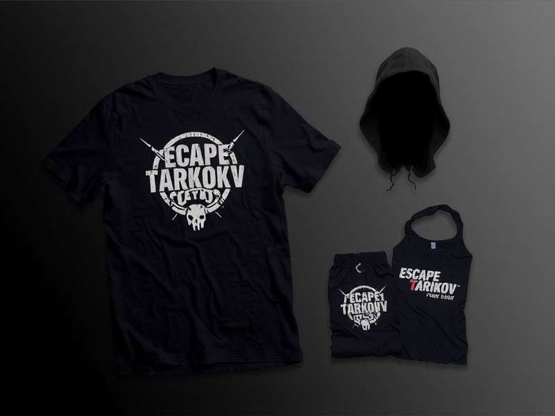 Collection of Escape From Tarkov merchandise including patches, shirts, and figures