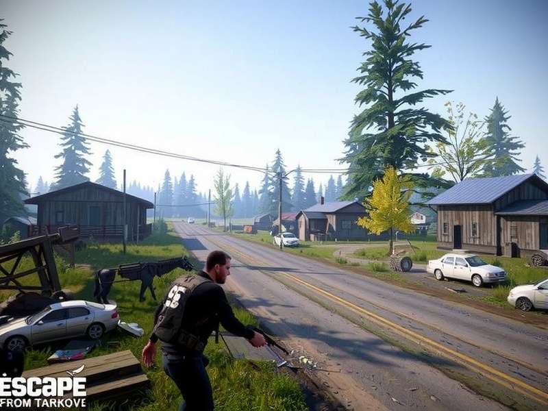 Concept art of a gritty urban warfare scene reminiscent of Escape from Tarkov on a next-gen console