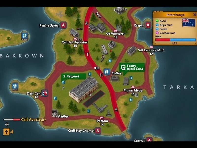 A dark, atmospheric view of the Interchange mall exterior in Escape from Tarkov, showing broken signage and abandoned vehicles.