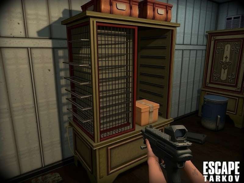Escape from Tarkov Hideout Weapon Rack Level 2 fully loaded with various rifles