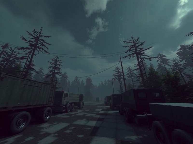 Concept art of the ruined city of Tarkov with abandoned buildings and military vehicles