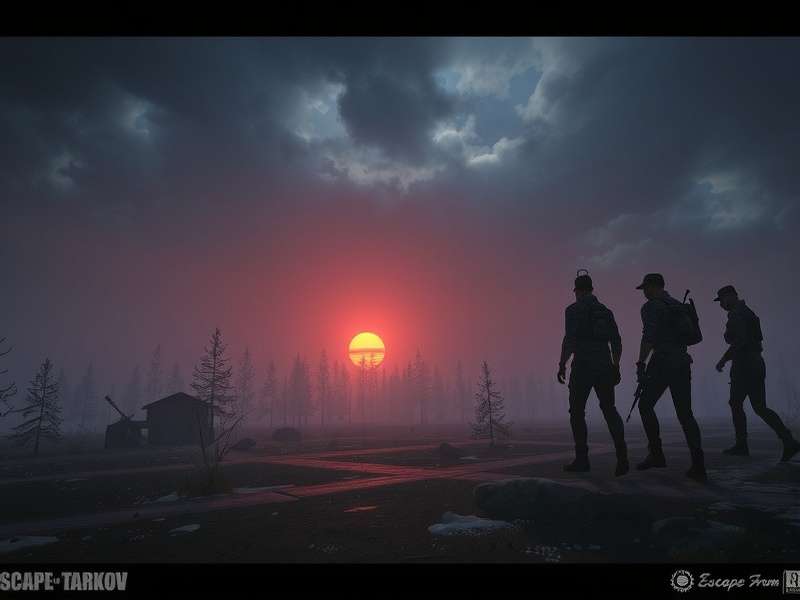 Escape From Tarkov atmospheric concept art showing a rain-soaked urban landscape with PMC operators