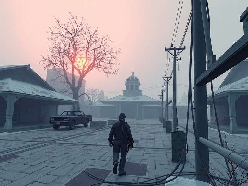 Escape From Tarkov — armed operator standing in a destroyed urban environment, Norvinsk region