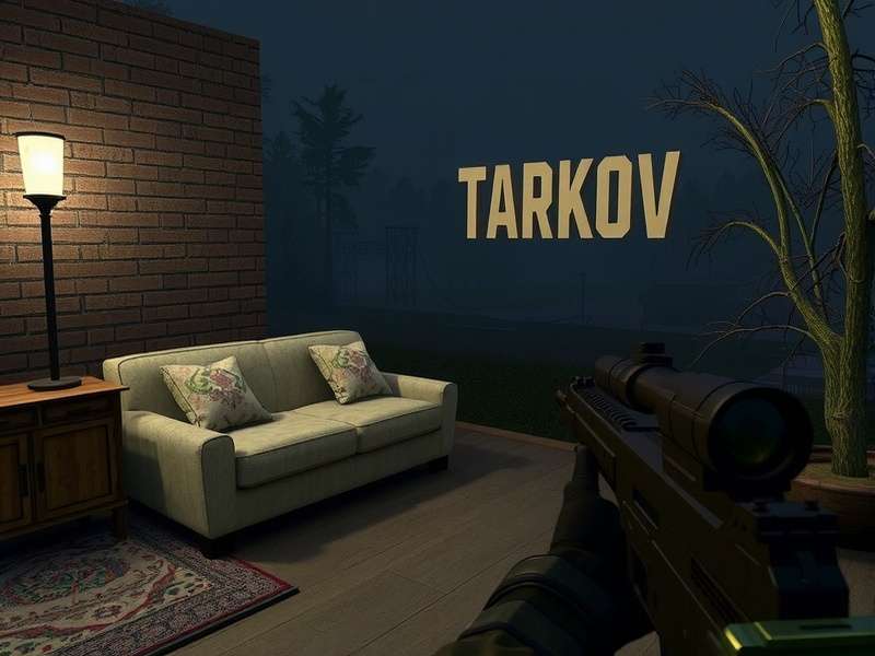 Escape From Tarkov guns armory display showing assault rifles, SMGs, and sniper rifles on a workbench